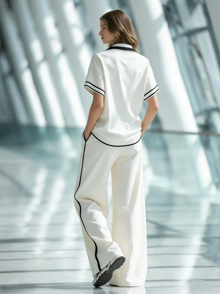 Women's Stylish Casual White Collared Short-sleeved Top And Trousers Set