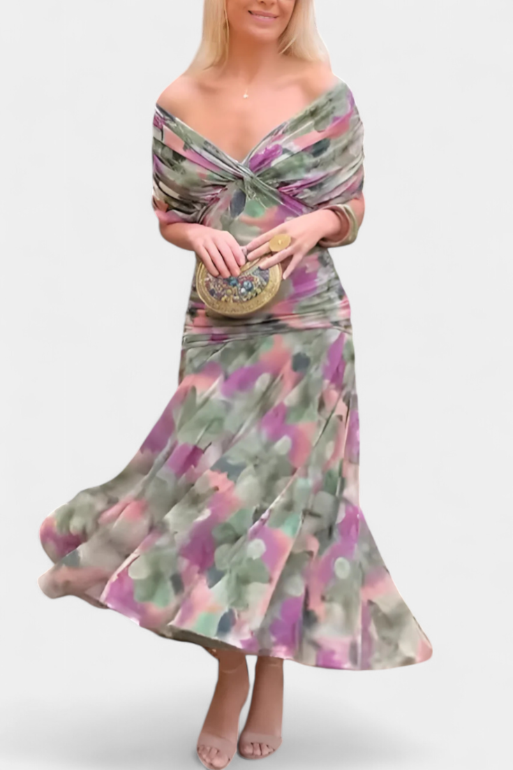 Alondra – Women’s long dress with a floral print and a V-neck