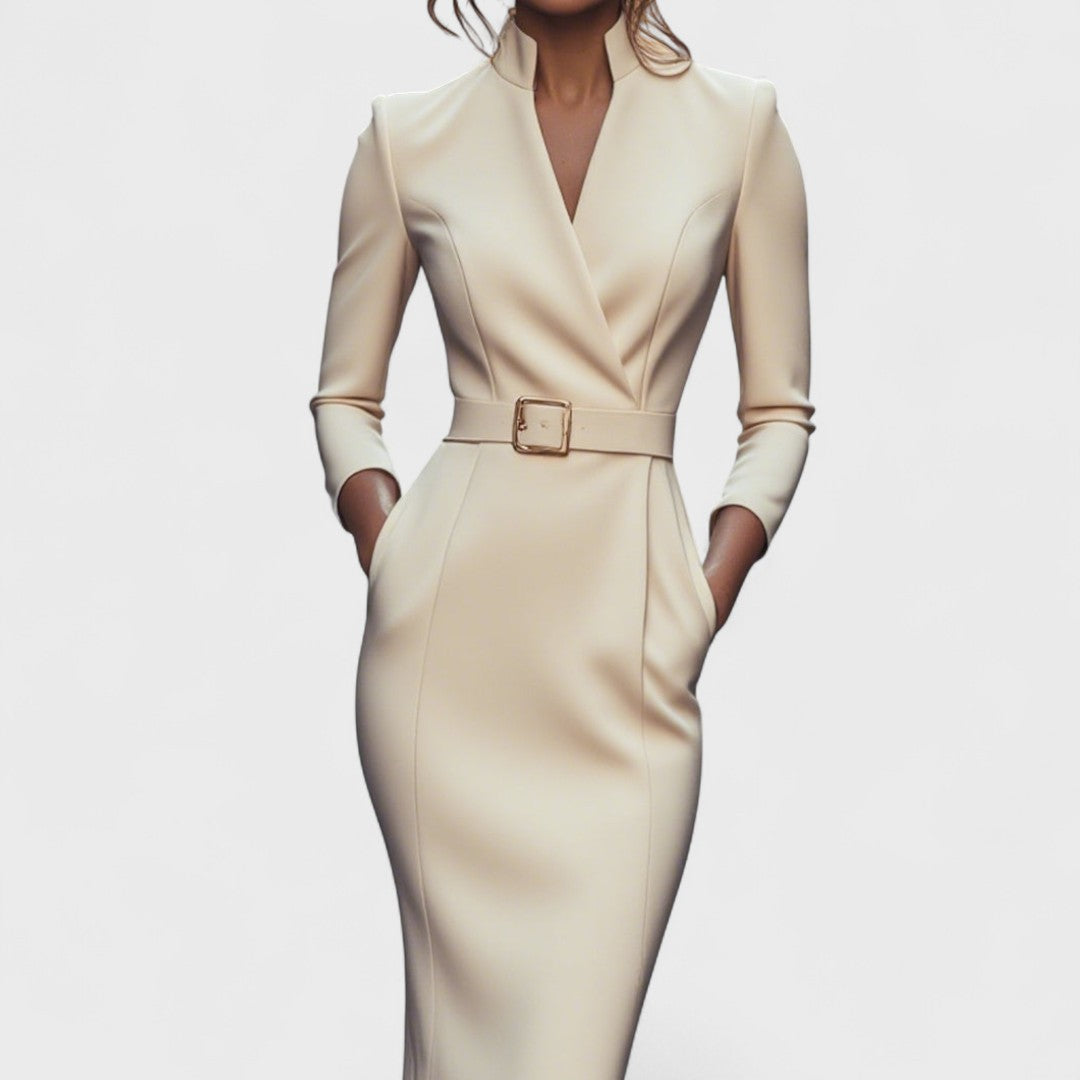 Mandarin - Elegant Black Dress with Belt and Collar