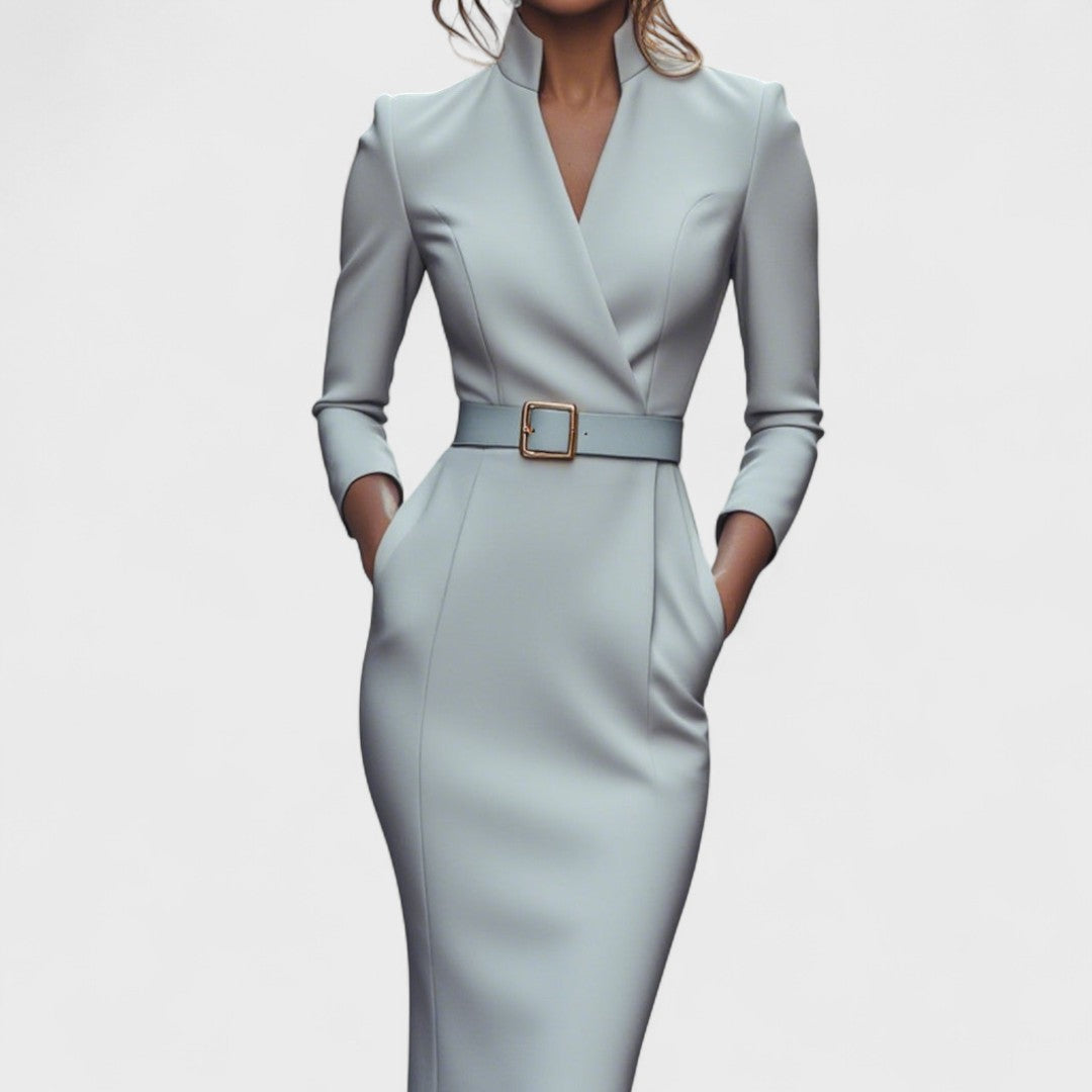 Mandarin - Elegant Black Dress with Belt and Collar