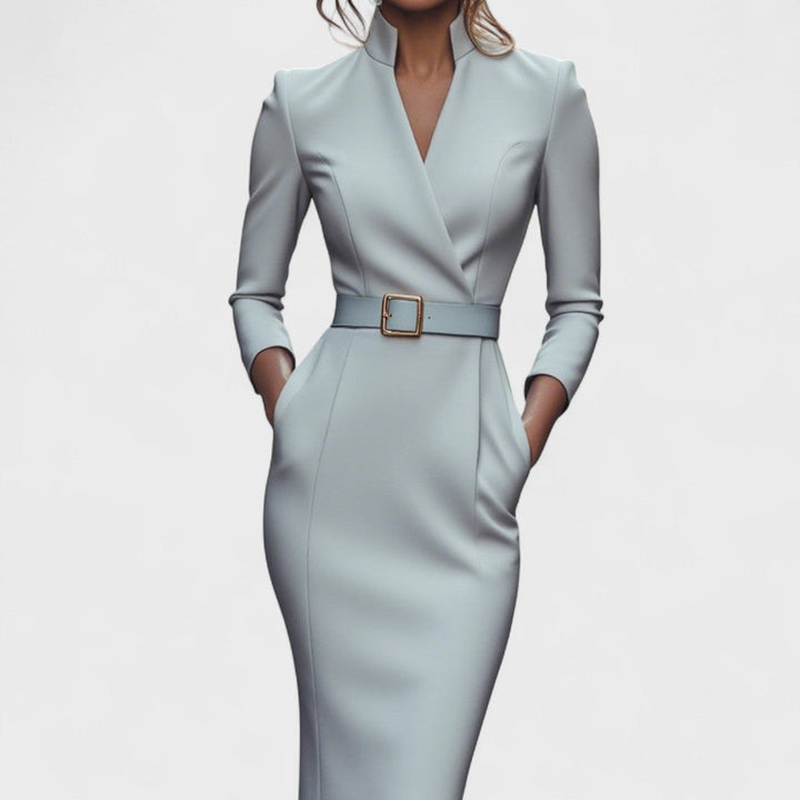 Mandarin - Elegant Black Dress with Belt and Collar