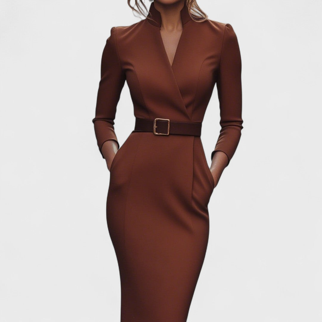 Mandarin - Elegant Black Dress with Belt and Collar