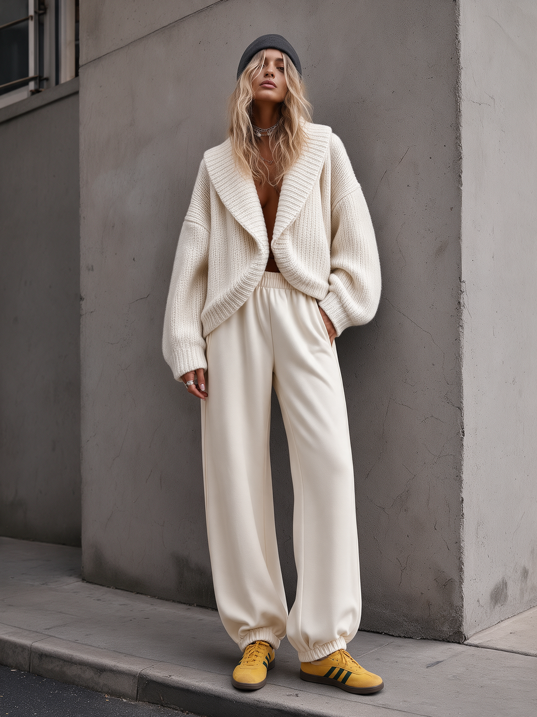 Cream Shawl Collar Chunky Cardigan & Jogger Sweatpants Set