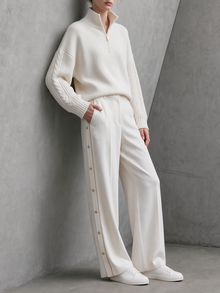 Ivory Half-Zip Cable Knit Sweater & White Snap-Side Wide-Leg Pants Set