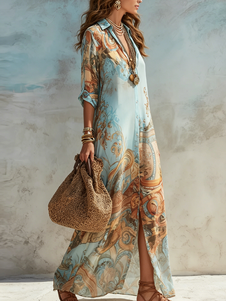 Bellune | Blue Chiffon Maxi Dress in Baroque Style with Flowers