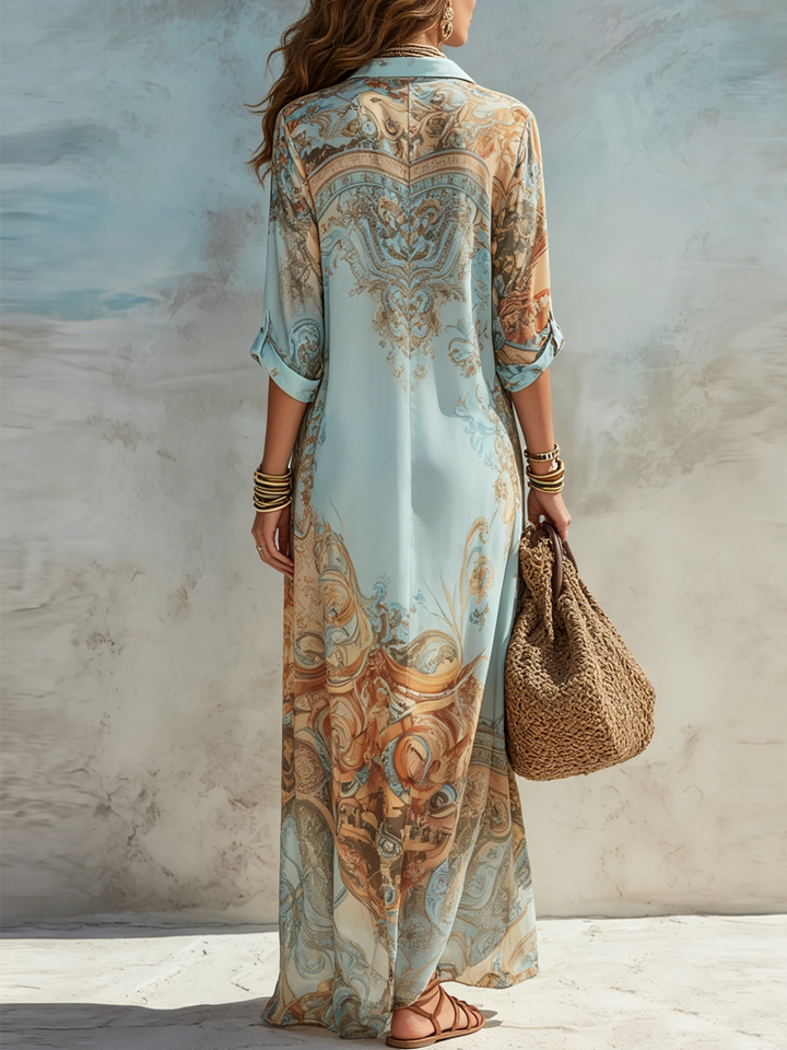 Bellune | Blue Chiffon Maxi Dress in Baroque Style with Flowers