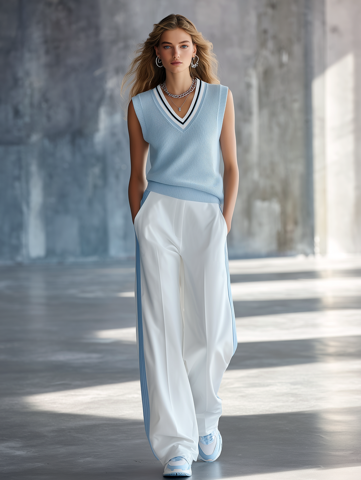 Fresh & Light Blue Color-Block V-Neck Knit Vest And Side-Stripe Wide-Leg Pants Set