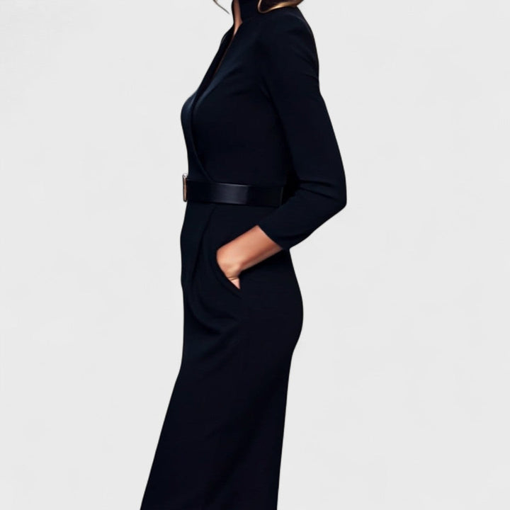 Mandarin - Elegant Black Dress with Belt and Collar