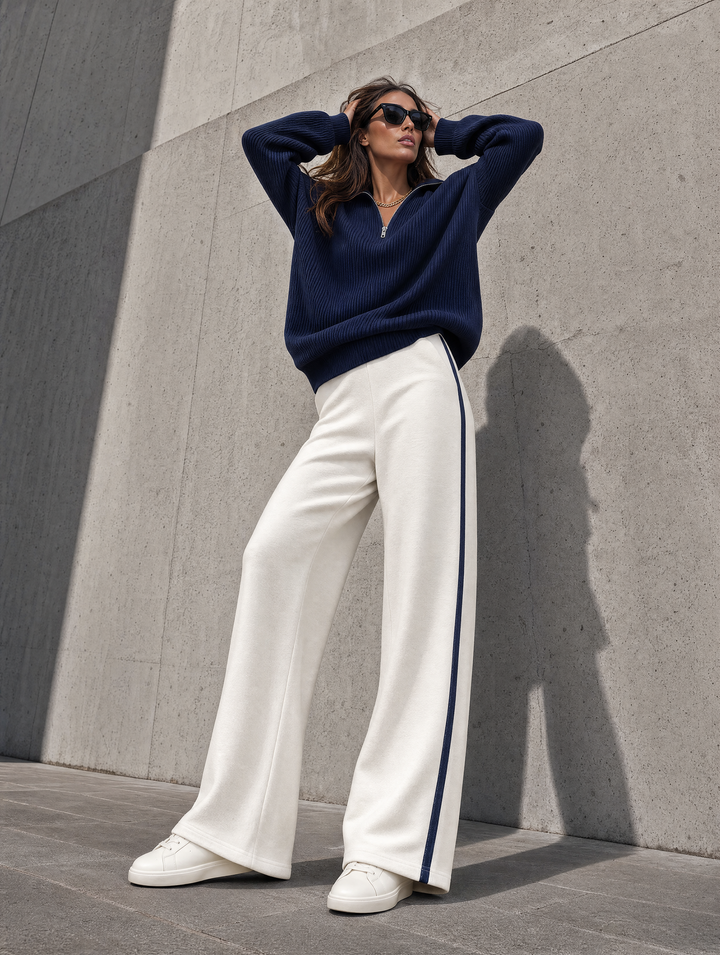 Navy Half-Zip Knit Sweater & Cream Side-Stripe Wide-Leg Pants Set