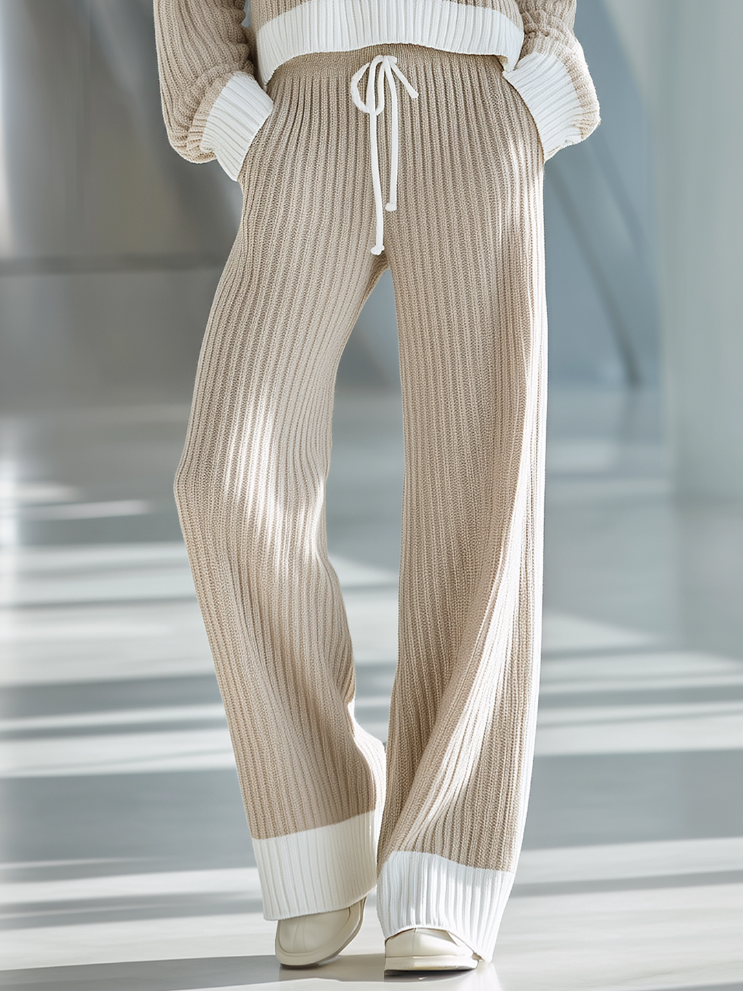 Women's Beige And White Striped Knitted Collared Half-zip Casual Set