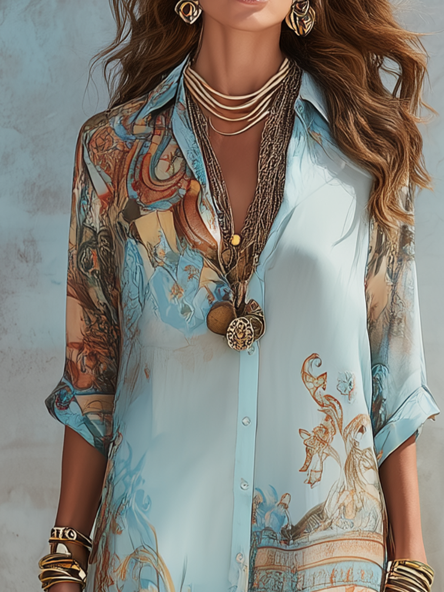 Bellune | Blue Chiffon Maxi Dress in Baroque Style with Flowers
