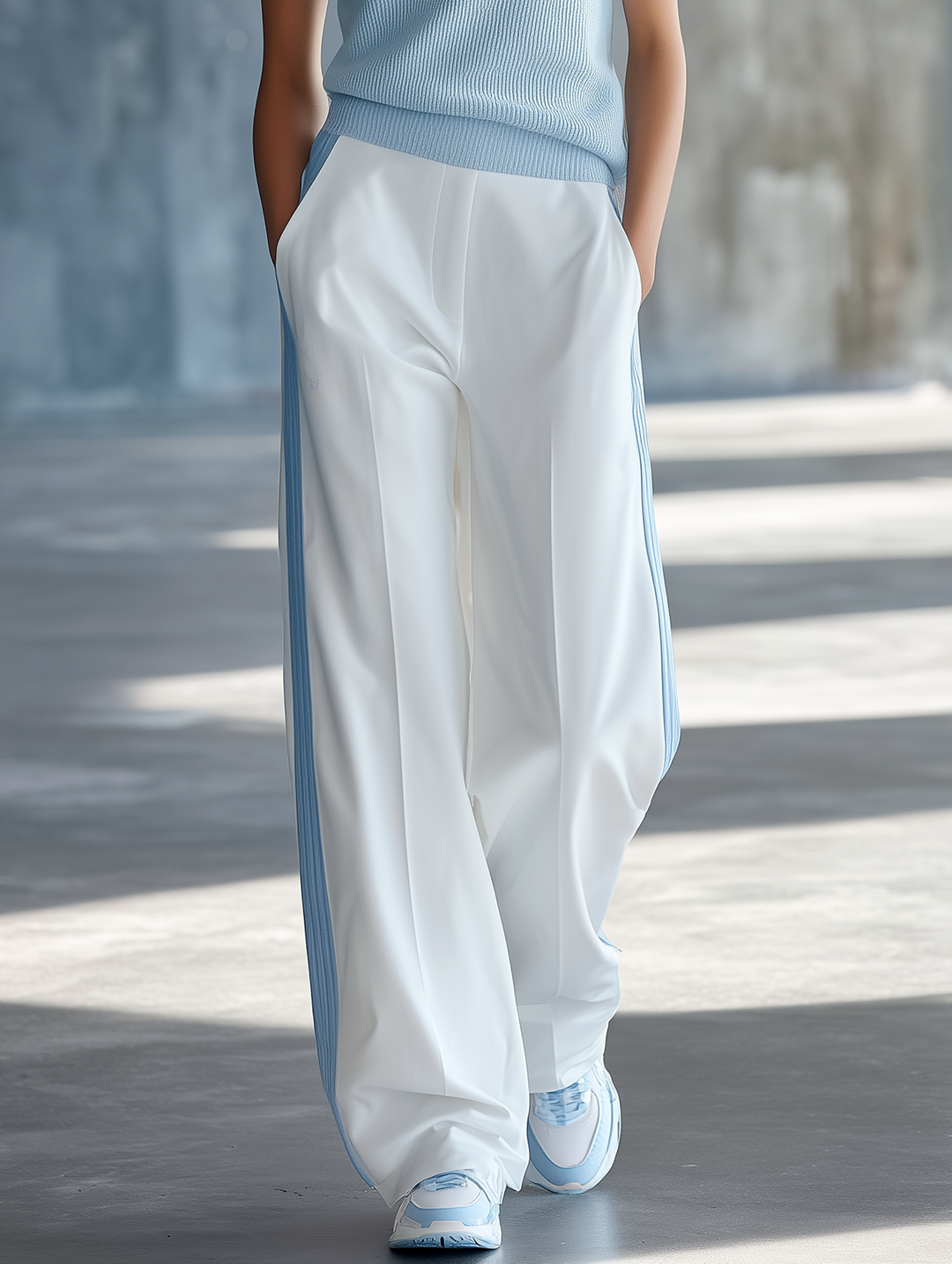 Fresh & Light Blue Color-Block V-Neck Knit Vest And Side-Stripe Wide-Leg Pants Set