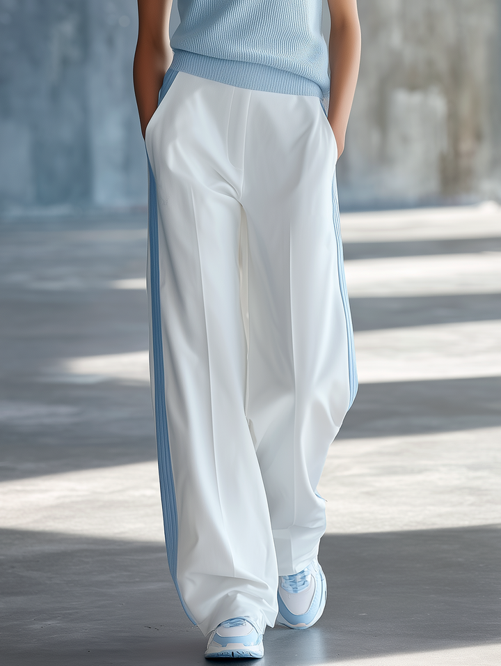 Fresh & Light Blue Color-Block V-Neck Knit Vest And Side-Stripe Wide-Leg Pants Set