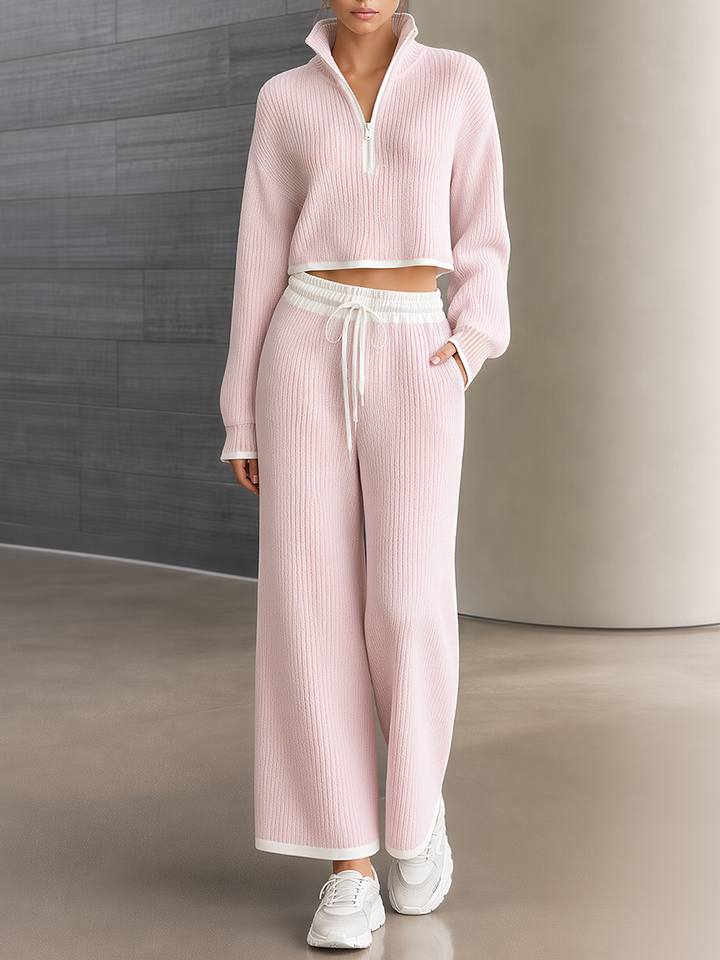 Pink Color-block Cropped Half-zip Mock-neck Knit Top And Wide-leg Pants Set