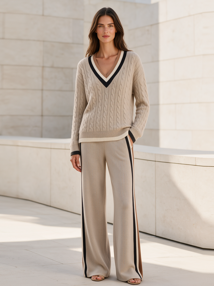 Oatmeal-colored Cable-knit V-neck Color-block Sweater And Side-tape Wide-leg Pants Set