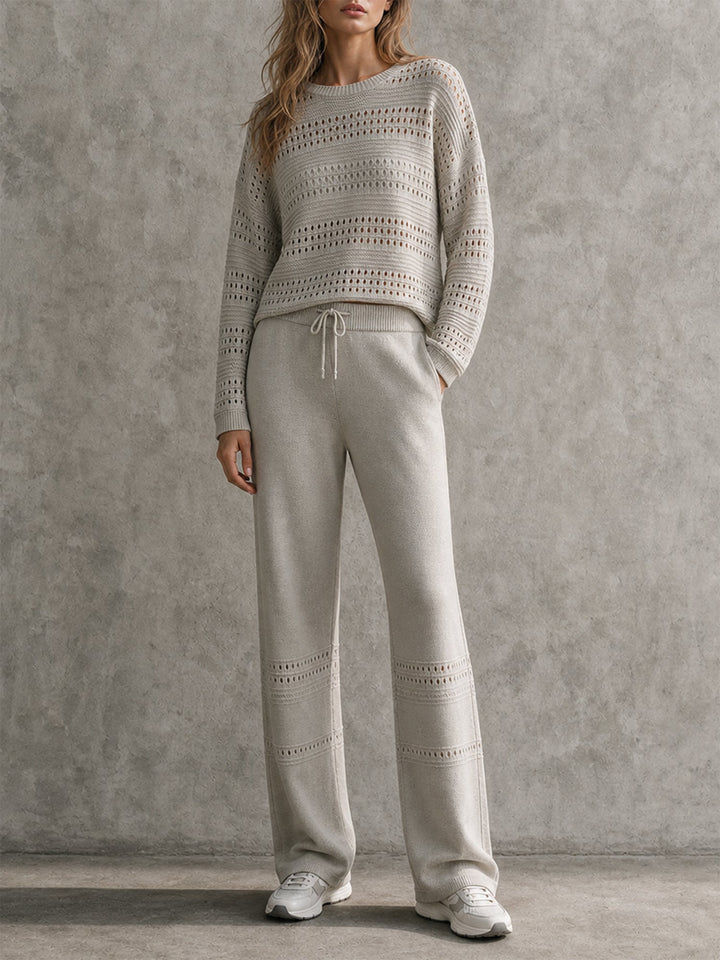 Oatmeal Pointelle Knit Sweater & Wide-Leg Pants Set
