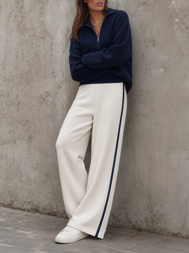 Navy Half-Zip Knit Sweater & Cream Side-Stripe Wide-Leg Pants Set