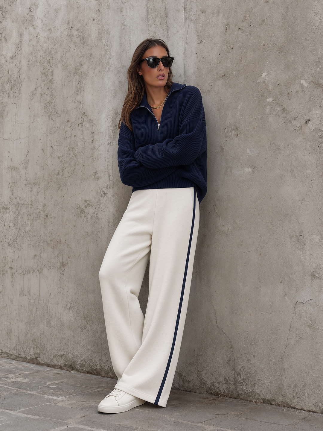 Navy Half-Zip Knit Sweater & Cream Side-Stripe Wide-Leg Pants Set