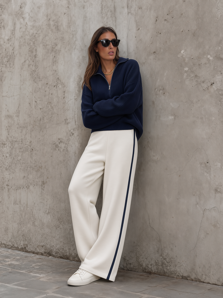 Navy Half-Zip Knit Sweater & Cream Side-Stripe Wide-Leg Pants Set