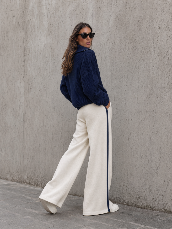 Navy Half-Zip Knit Sweater & Cream Side-Stripe Wide-Leg Pants Set