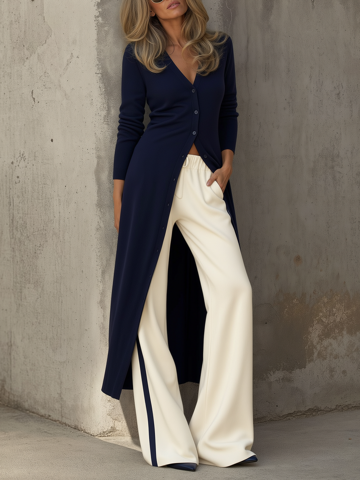 Navy Longline Knit Cardigan & Cream Side-Stripe Wide-Leg Pants Set