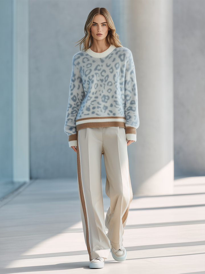 Light Blue Leopard Contrast Trim Knit Sweater Straight‑Leg Pants Set