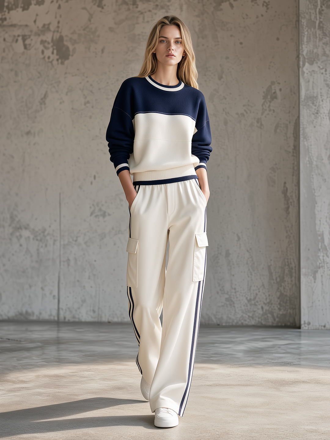 Navy Color-Block Sweatshirt & Cargo Wide-Leg Pants Set