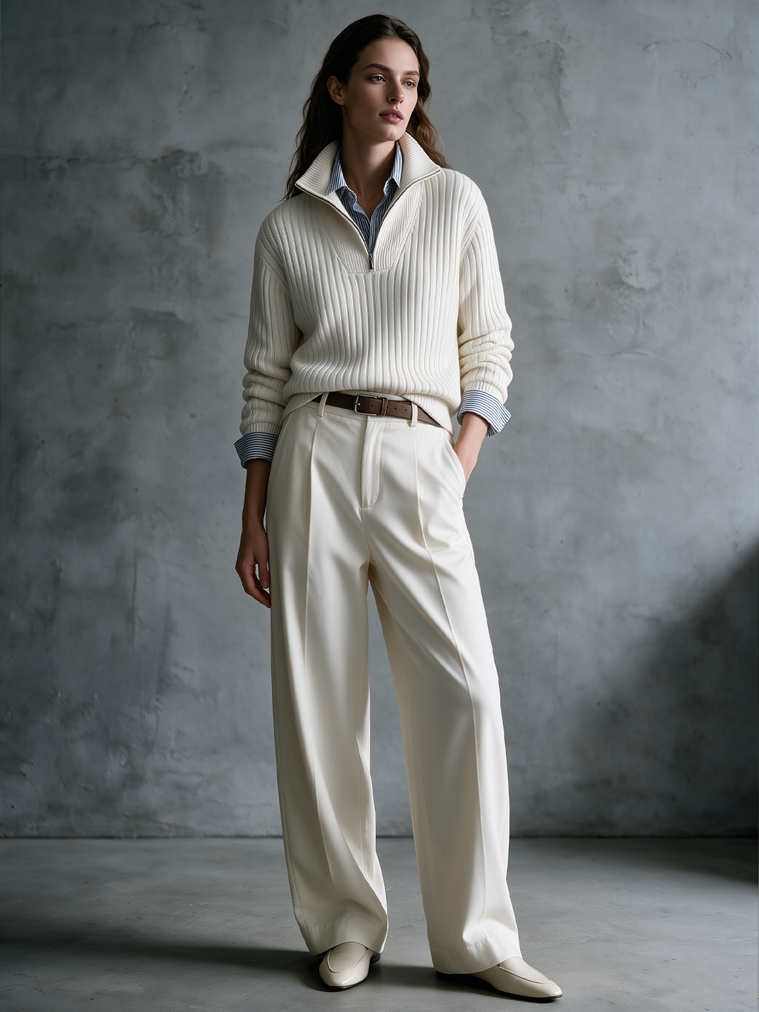 Cream Ribbed Half-Zip Sweater & Wide-Leg Trousers Set