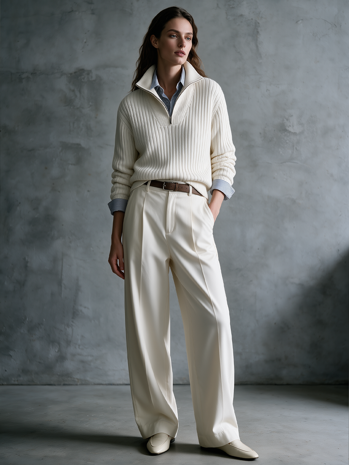 Cream Ribbed Half-Zip Sweater & Wide-Leg Trousers Set