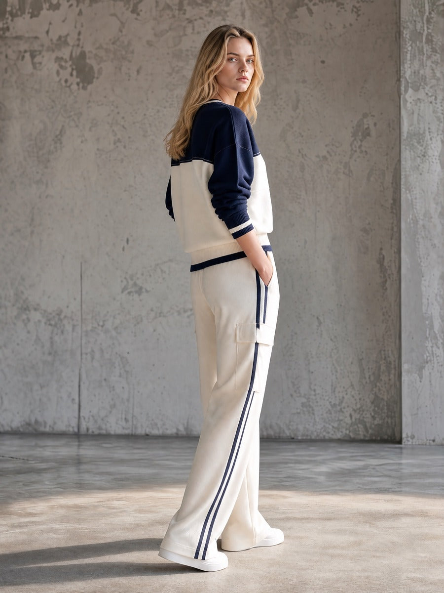 Navy Color-Block Sweatshirt & Cargo Wide-Leg Pants Set