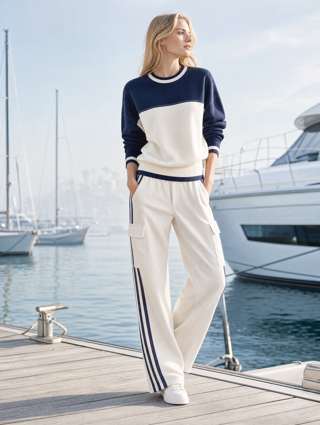 Navy Color-Block Sweatshirt & Cargo Wide-Leg Pants Set
