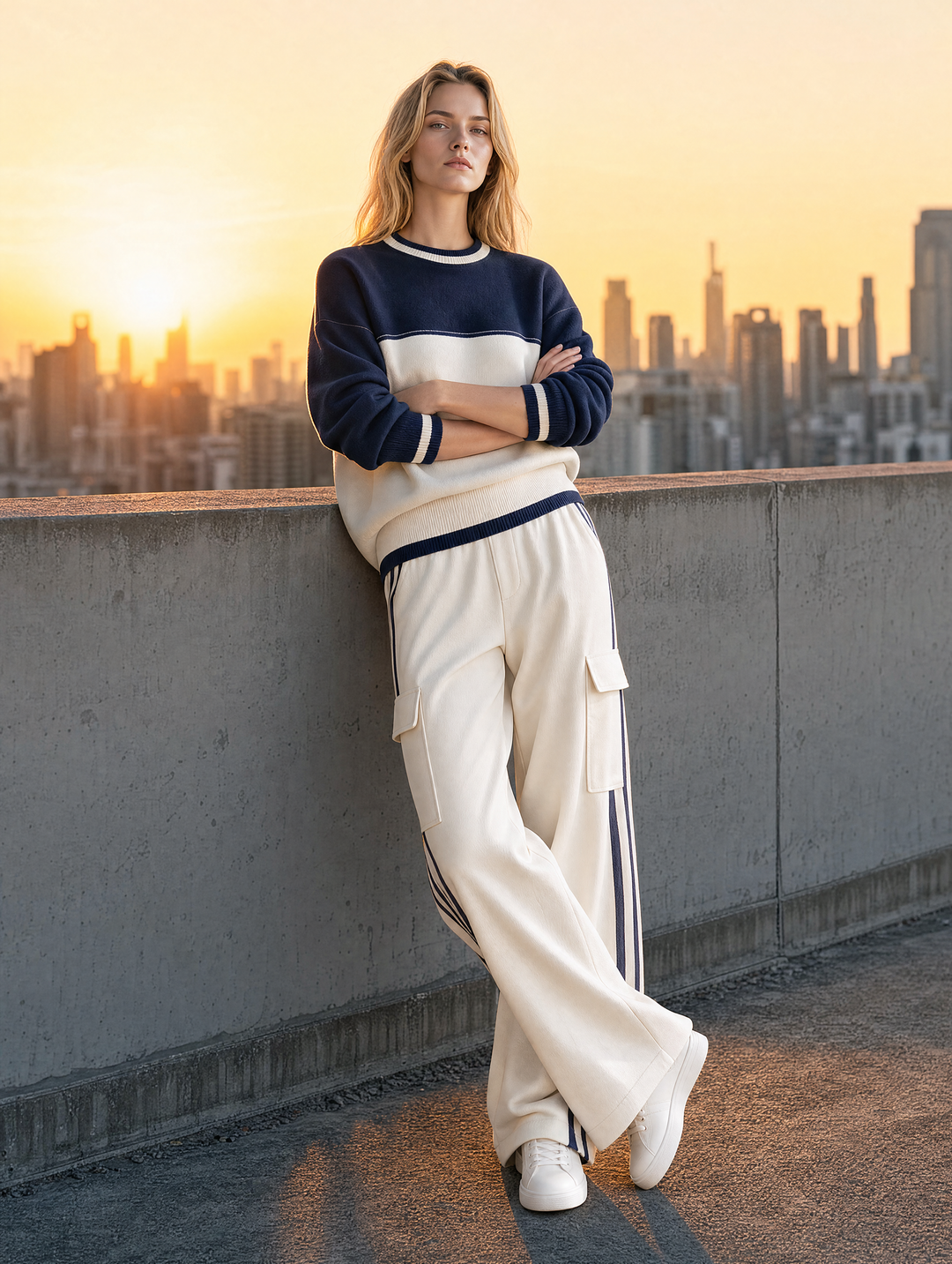 Navy Color-Block Sweatshirt & Cargo Wide-Leg Pants Set