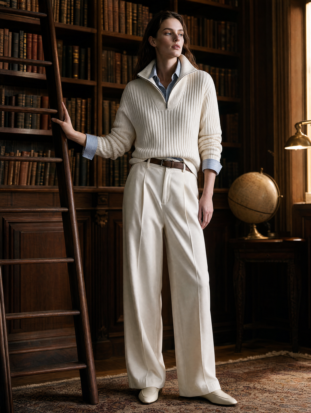 Cream Ribbed Half-Zip Sweater & Wide-Leg Trousers Set