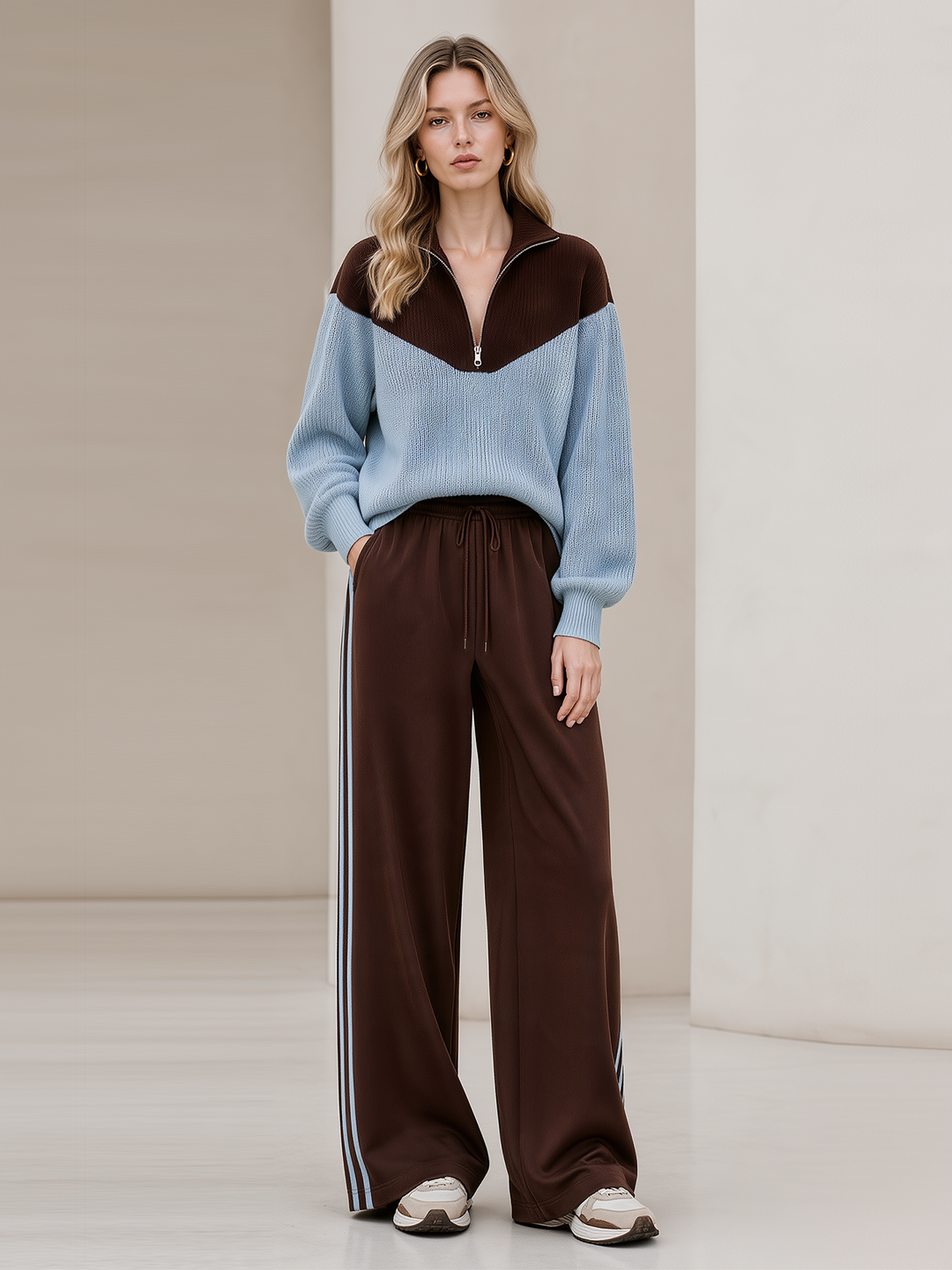 Brown‑Blue Color‑Block Half‑Zip Knit Top Wide Leg Pants Set