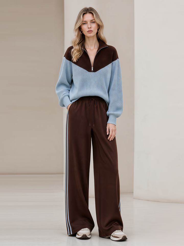 Brown‑Blue Color‑Block Half‑Zip Knit Top Wide Leg Pants Set