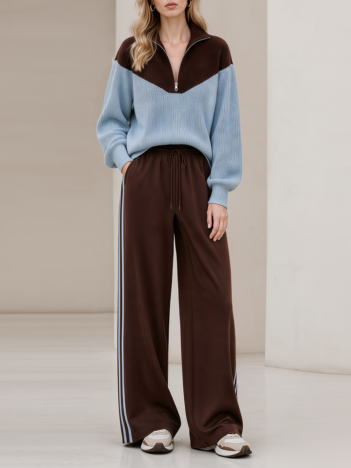 Brown‑Blue Color‑Block Half‑Zip Knit Top Wide Leg Pants Set