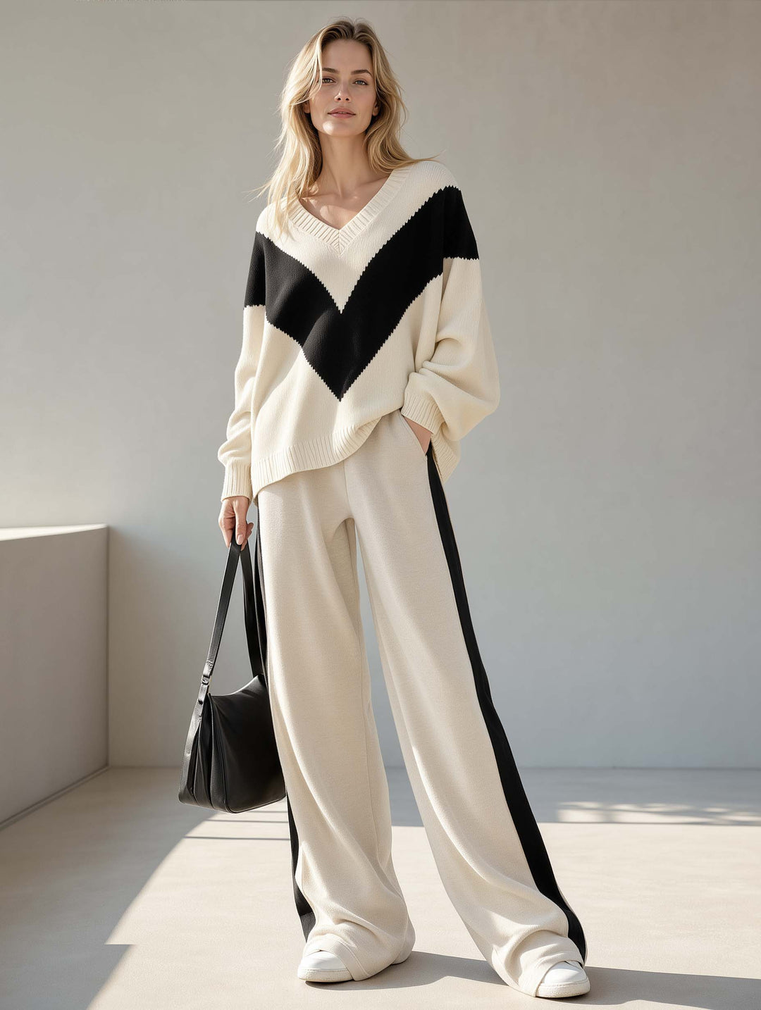 Stylish Casual Black And White Color-Block Long-Sleeve Sweater And Pants Set