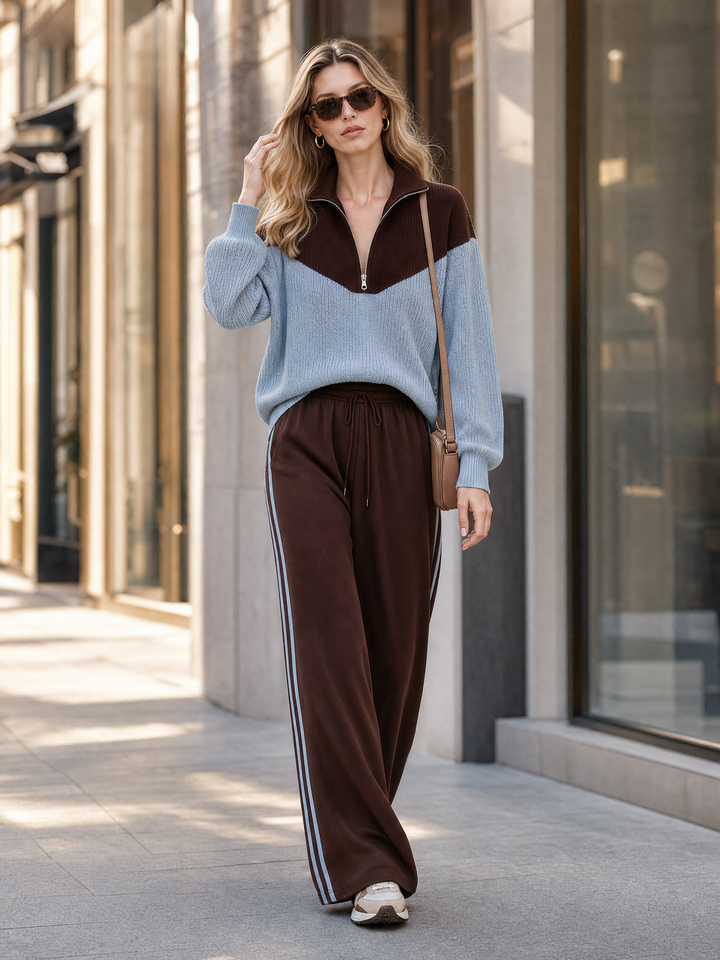 Brown‑Blue Color‑Block Half‑Zip Knit Top Wide Leg Pants Set