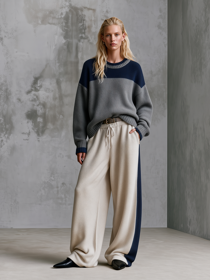 Navy-Grey Colorblock Knit Sweater & Side-Stripe Wide-Leg Pants Set