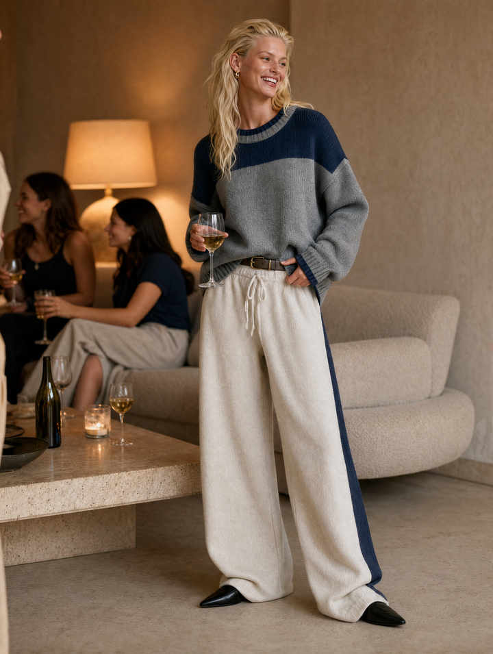 Navy-Grey Colorblock Knit Sweater & Side-Stripe Wide-Leg Pants Set