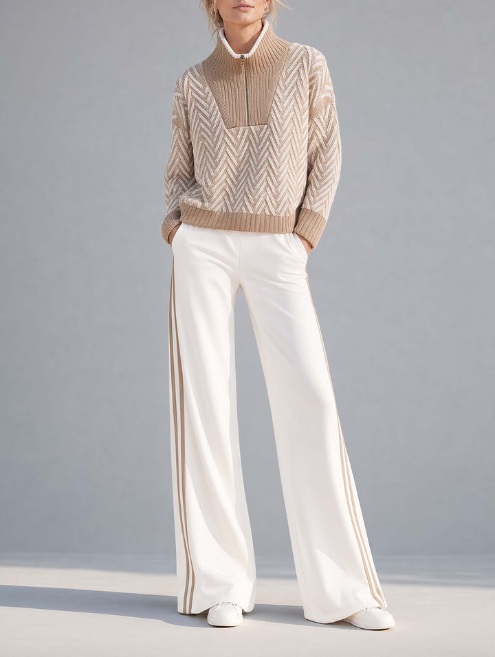 Stylish Casual Khaki Long-sleeve Half-zip Sweater And White Trousers Set