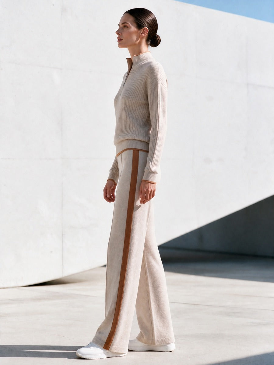 Beige Half-zip Sweater And Knitted Wide-leg Pants Set