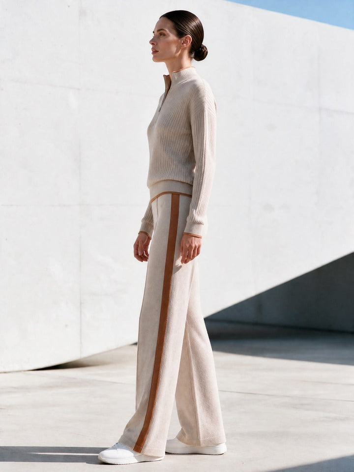 Beige Half-zip Sweater And Knitted Wide-leg Pants Set