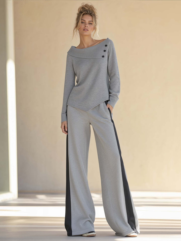 Stylish Grey Long-sleeve Sweater And Color-block Wide-leg Pants Set