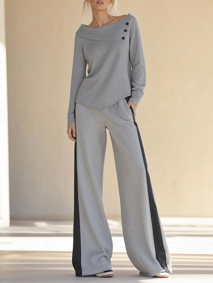 Stylish Grey Long-sleeve Sweater And Color-block Wide-leg Pants Set