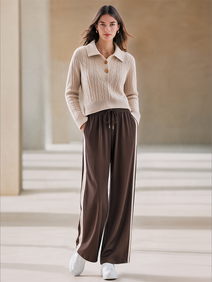 Oatmeal Cable-knit Turtleneck Top And Brown Corduroy Wide-leg Trousers Set