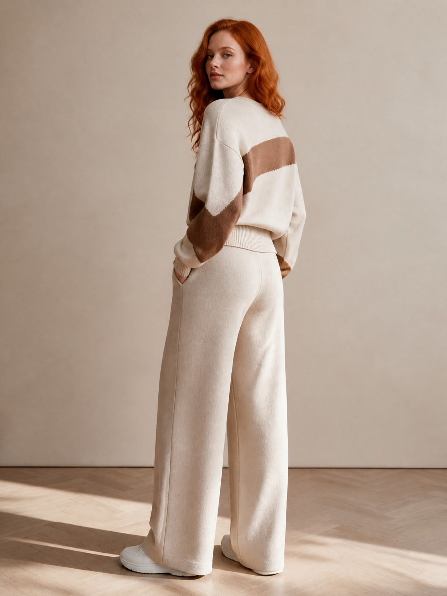 Women's Color Block Knit Sweater & Wide Leg Pants Two-Piece Set