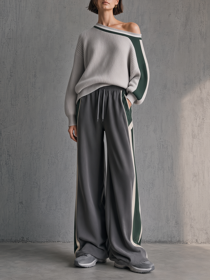 Grey & Green Color Block Off-Shoulder Sweater & Wide-Leg Track Pants Set