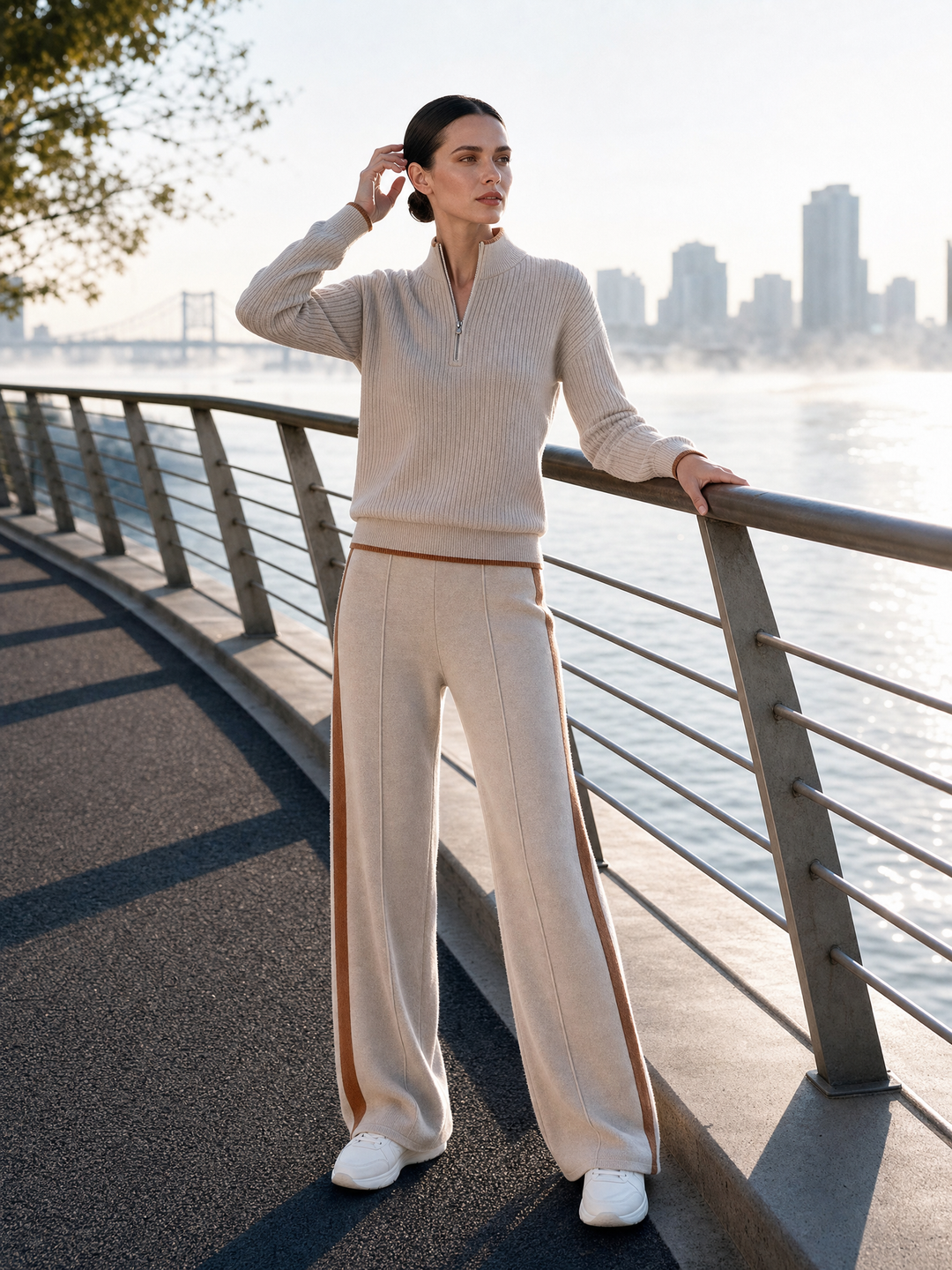 Beige Half-zip Sweater And Knitted Wide-leg Pants Set
