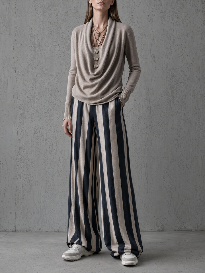 Beige Cowl Neck Knit Top & Navy Stripe Wide-Leg Pants Set
